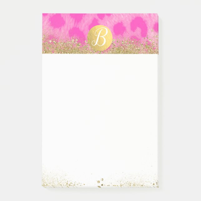 Rosa Leopard Cheetah Print Guld Glitter Monogram Post-it Block (Framsida)