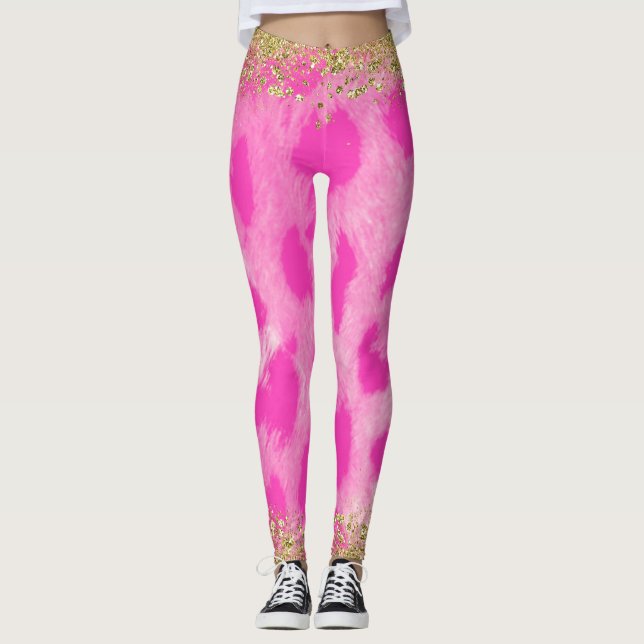 Rosa leopard cheetah tryck guld glitter trendigt leggings (Framsida)