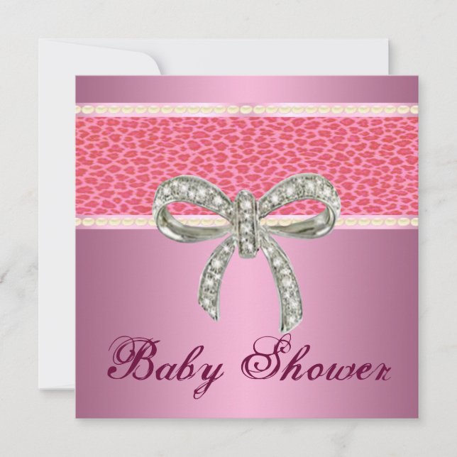 Rosa Leopard Diamond Bow Baby Shower-inbjudan Inbjudningar (Framsida)