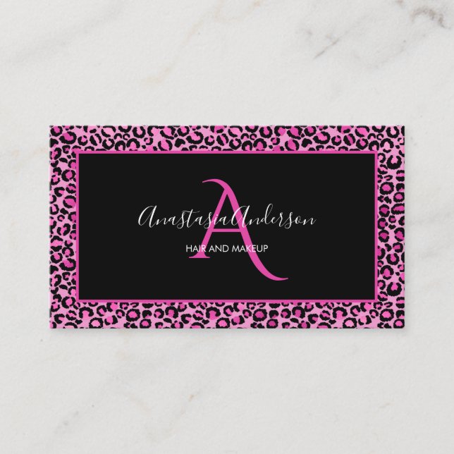 Rosa Leopard Elegant Black Monogram Visitkort (Framsida)