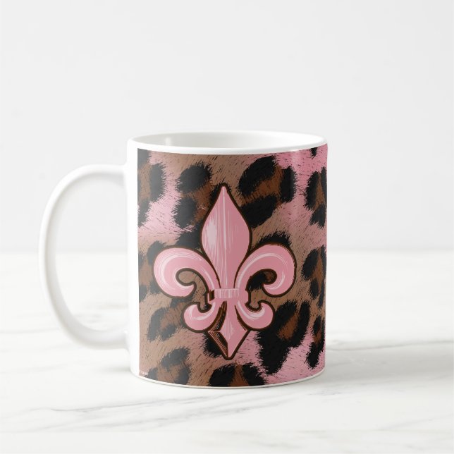 Rosa Leopard Fleur de Lis Kaffemugg (Vänster)