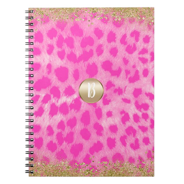 Rosa Leopard Gepard Tryck Guld Glitter Modern Anteckningsbok Med Spiral (Framsidan)