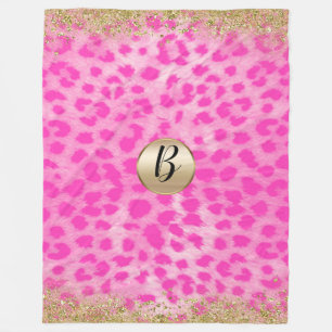 Rosa Leopard Gepard Tryck Guld Glitter Monogram Fleecefilt