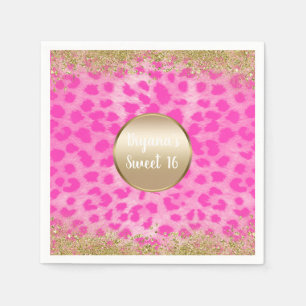 Rosa Leopard Gepard Tryck Guld Glitter Monogram Pappersservett