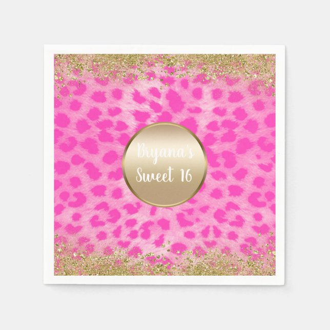 Rosa Leopard Gepard Tryck Guld Glitter Monogram Pappersservett (Framsidan)