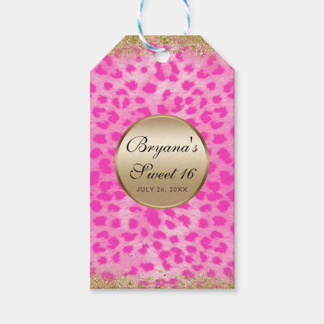 Rosa Leopard Gepard Tryck Guld Glitter Monogram Presentetikett (Framsidan)