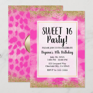 Rosa Leopard Gepard Tryck Guld Glitter Party Inbjudningar
