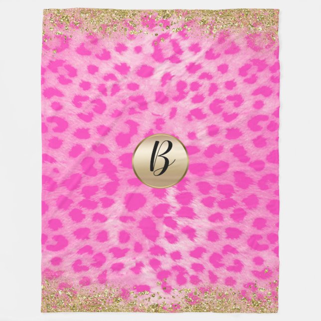 Rosa Leopard Gepardtryck Guld Glitter Monogram Fleecefilt (Framsidan)