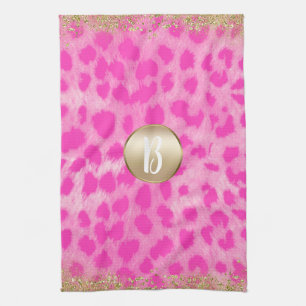Rosa Leopard Gepardtryck Guld Glitter Monogram Kökshandduk