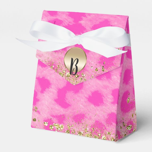 Rosa Leopard Gepardtryck Guld Glitter Monogram Presentaskar (Framsidan Sidan)