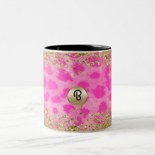 Rosa Leopard Gepardtryck Guld Glitter Monogram Två-Tonad Mugg