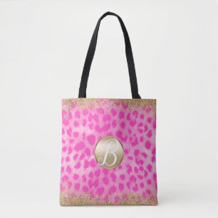 Rosa Leopard Gepardtryck Guld Glitter Monogram Tygkasse