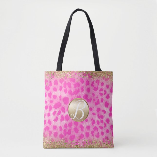Rosa Leopard Gepardtryck Guld Glitter Monogram Tygkasse (Framsida)