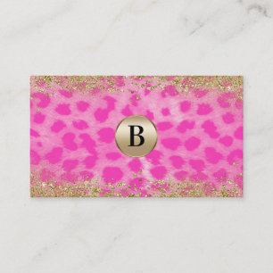 Rosa Leopard Gepardtryck Guld Glitter Monogram Visitkort