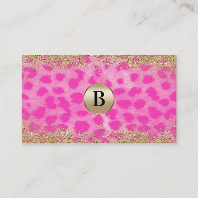 Rosa Leopard Gepardtryck Guld Glitter Monogram Visitkort (Framsida)
