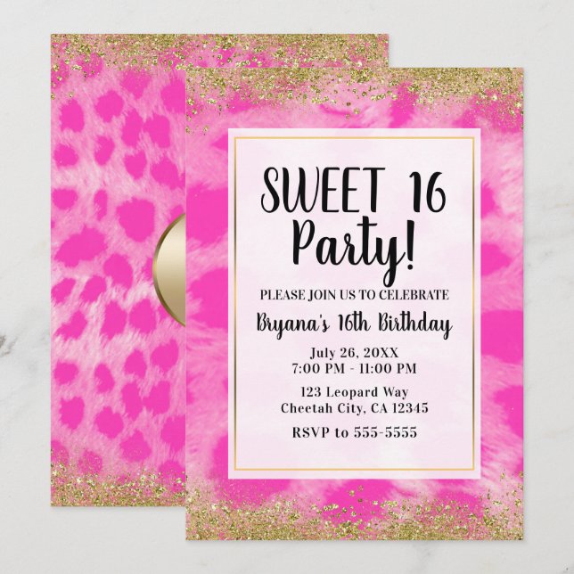 Rosa Leopard Gepardtryck Guld Glitter Party Inbjudningar (Fram/baksida)