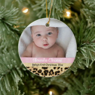 Rosa Leopard Girl Babys Första julfoto Julgransprydnad Keramik