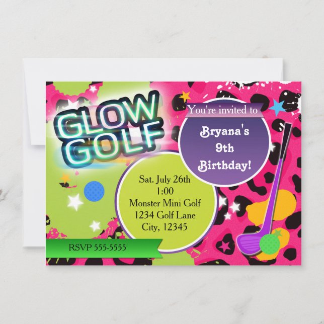 Rosa Leopard Glöd Golf Golfande Festinbjudningar Inbjudningar (Framsida)