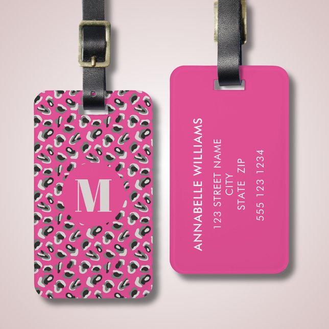 Rosa leopard mönster bagagebricka (Hot pink animal print monogram luggage tag with personalized contact details to reverse.)