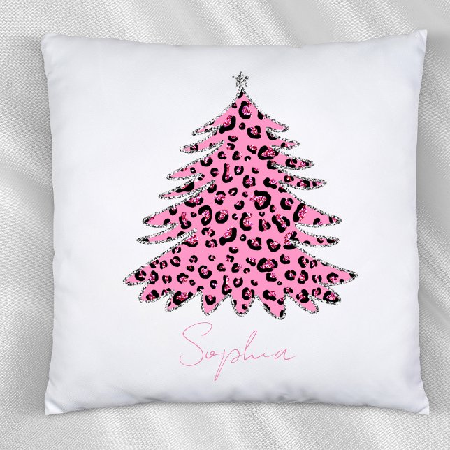 Rosa Leopard Mönster Julgran eget namn Kudde (Skapare uppladdad)