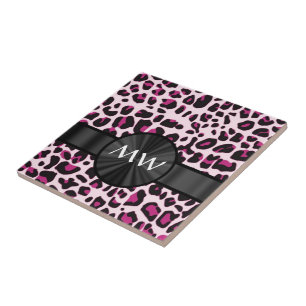Rosa leopard och monogram kakelplatta