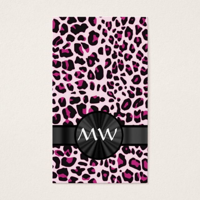 Rosa leopard och monogram visitkort (Framsidan)