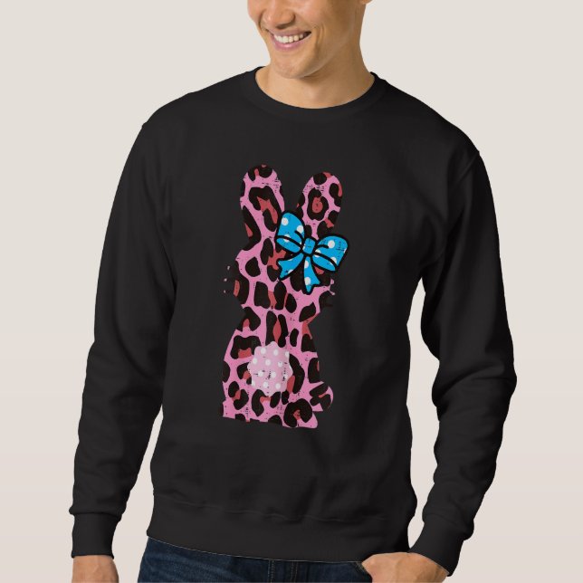 Rosa Leopard Påskhare Ribbon Cute Rabbit Women Lång Ärmad Tröja (Framsida)