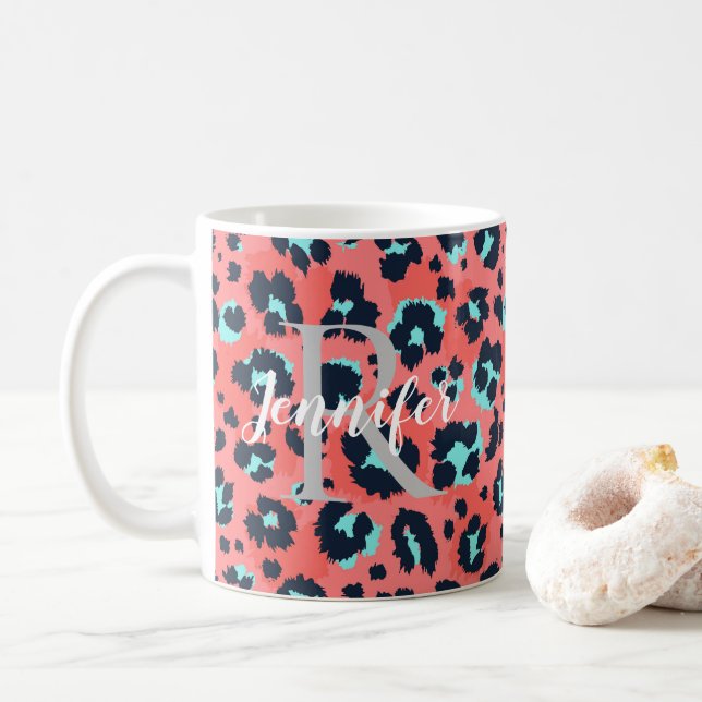 Rosa Leopard personalize Monogram & Namn Kaffemugg (Med munk)