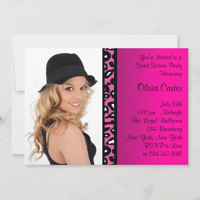 Rosa Leopard Photo Sweet sixteen Födelsedagsfest Inbjudningar (Framsida)