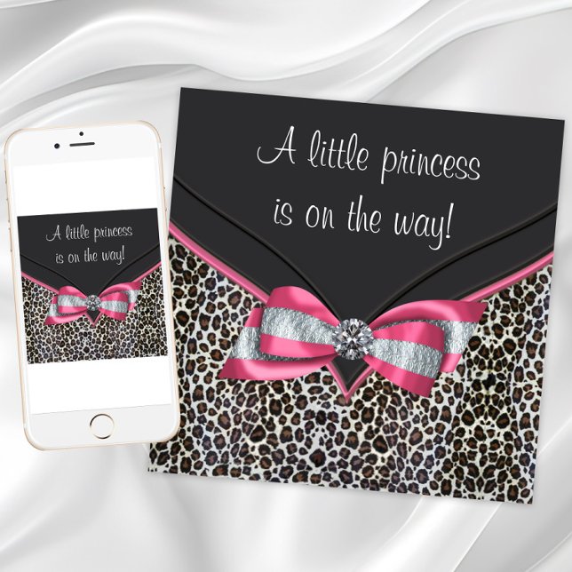 Rosa leopard prinsessa baby shower inbjudningar (Leopard print baby shower invitation. Add your text to the front and back. Download and printed.)