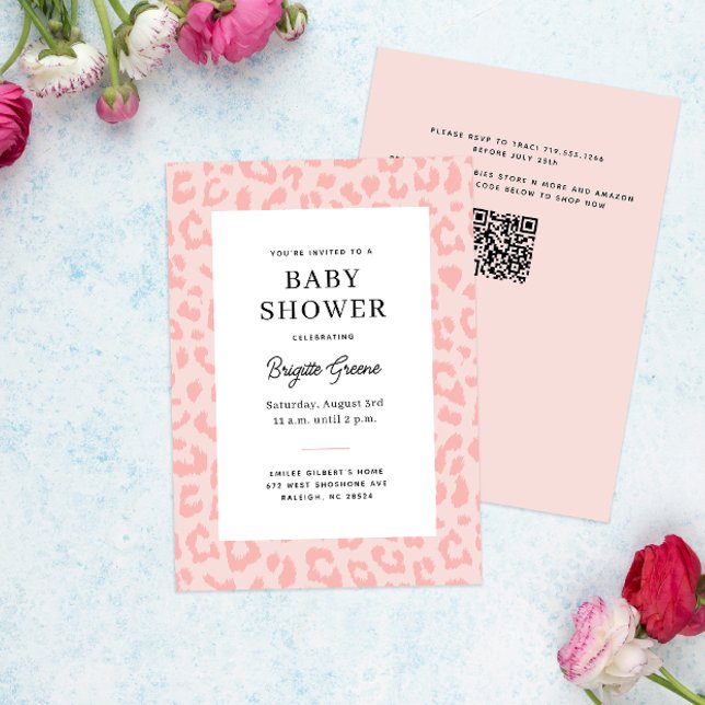 Rosa Leopard Print Baby Shower Inbjudningar (soft pink leopard print framed modern girly baby shower)