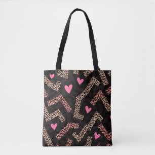 Rosa Leopard Print Heart Tote Bag med Zigzag Tygkasse