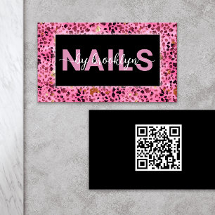 Rosa Leopard Print Naglar by QR Code Nagel Tech Visitkort