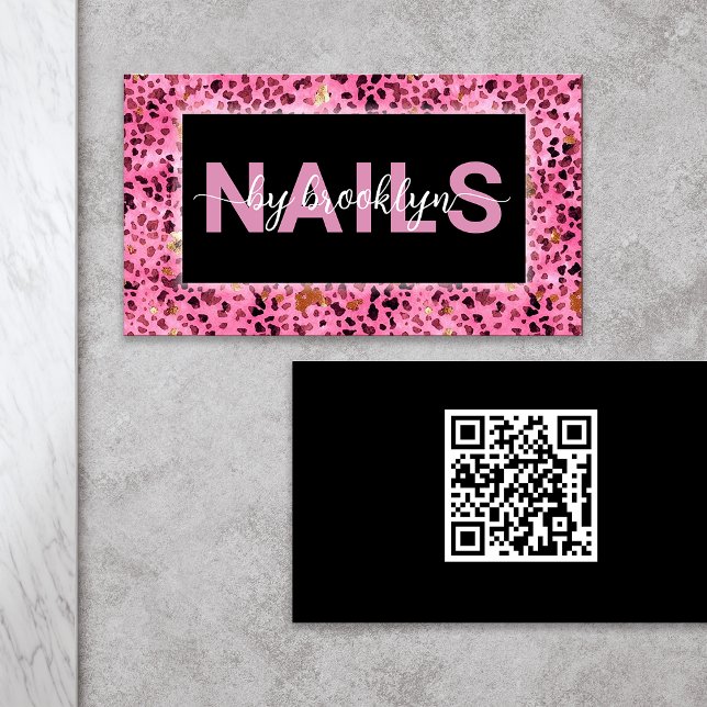 Rosa Leopard Print Naglar by QR Code Nagel Tech Visitkort (Skapare uppladdad)