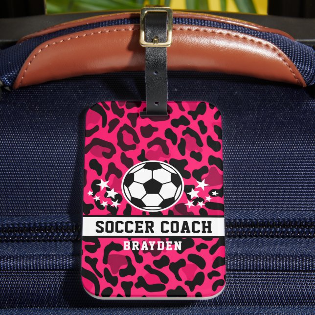 Rosa Leopard Print Soccer Coach Namn Bagagebricka (Framsida Insitu 2)