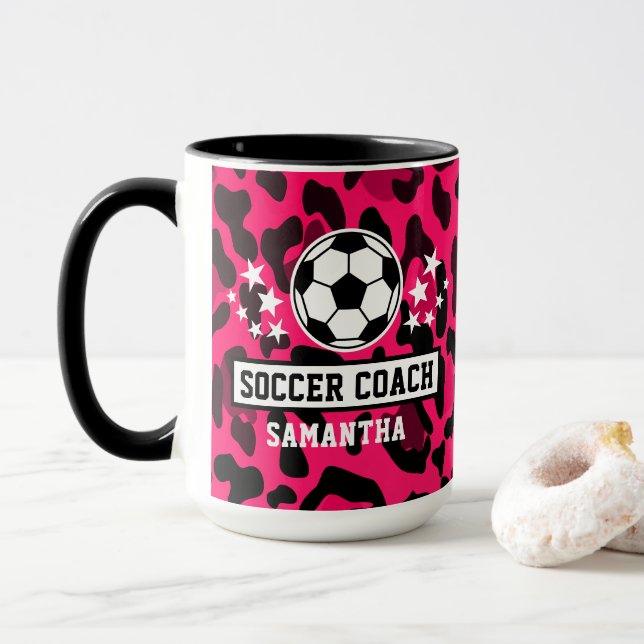 Rosa Leopard Print Soccer Coach Namn Mugg (Med munk)