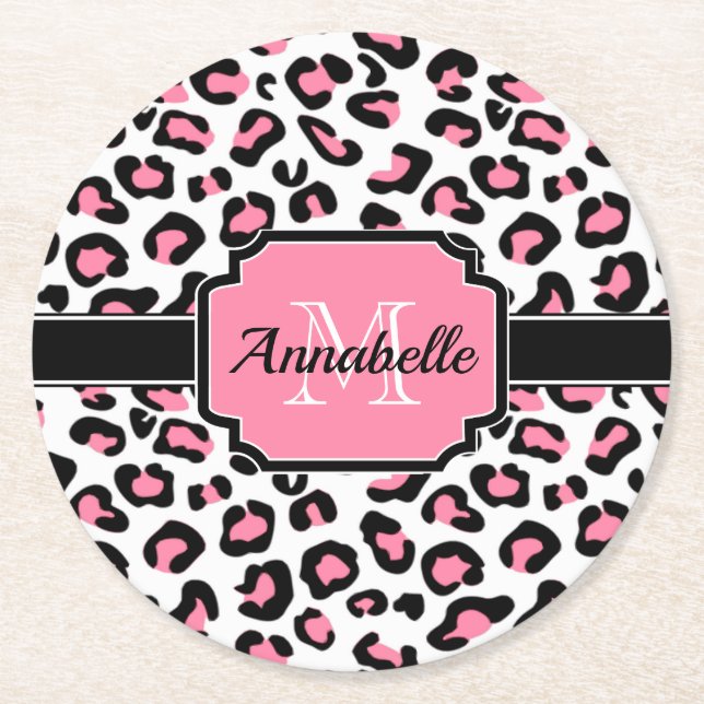 Rosa Leopard Print Underlägg Papper Rund (Framsidan)