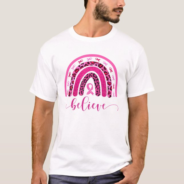 Rosa Leopard Rainbow Breast Cancer Awareness Månad T Shirt (Framsida)