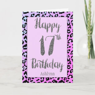Rosa Leopard Silver Glitter 17:e födelsedagskortet Kort
