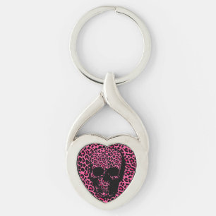Rosa leopard, skalle twisted heart silverfärgad nyckelring