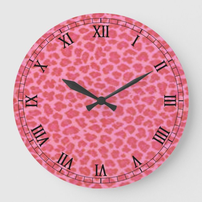 Rosa Leopard Skin Round Roman Numerals Clock Stor Klocka (Framsida)