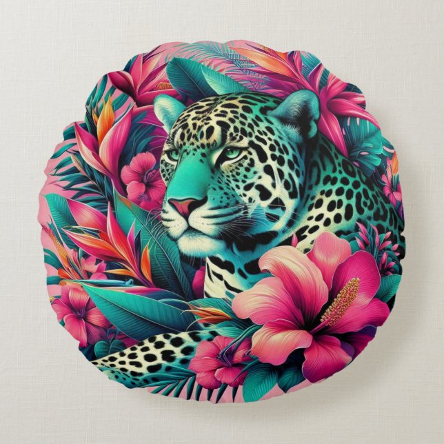 Rosa Leopard Tropical Art Rund Kudde (Framsidan)