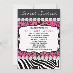 Rosa Leopard Zebra Sweet 16-fest Inbjudningar