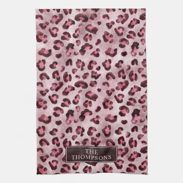 Rosa leoparddjurtryck med falsk folie och namn kökshandduk (Vertikal)