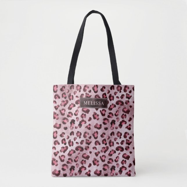 Rosa leoparddjurtryck med falsk folie och namn tygkasse (Framsida)