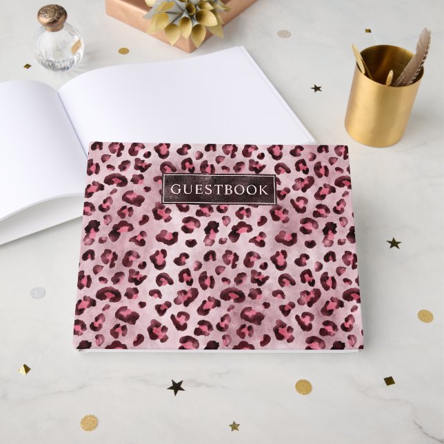 Rosa leoparddjurtryckmönster och text gästböcker (Framsida Öppen)