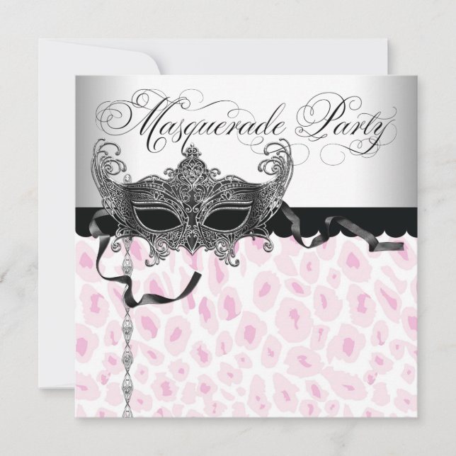 Rosa leopardmaskerad festinödningar inbjudningar (Framsida)