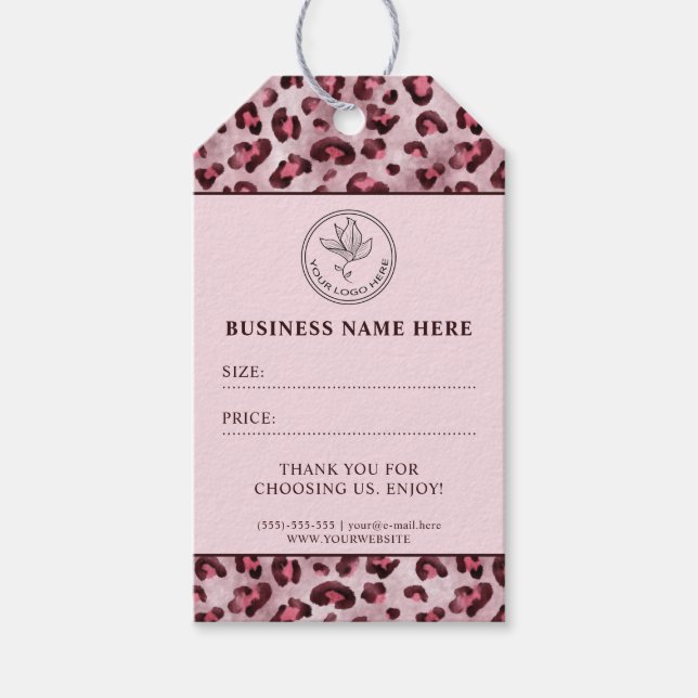Rosa leopardtryck anpassad butik logotyp pris häng presentetikett (Framsidan)