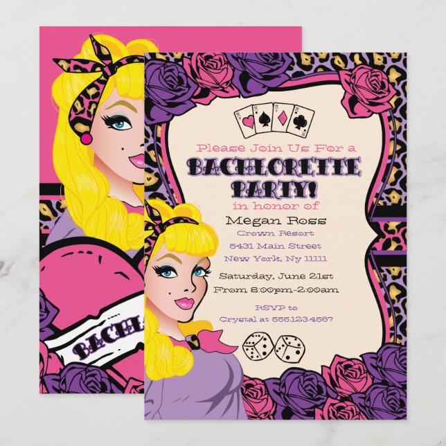 Rosa leopardtryck, pinup-fest-inbjudningar inbjudningar (Fram/baksida)