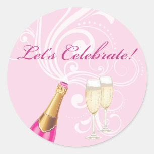 Rosa "Lets Celebrate!" Champagne Sticker Runt Klistermärke